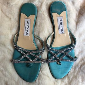 Jimmy Choo Crystal Choi Teal Silk Sandals 38